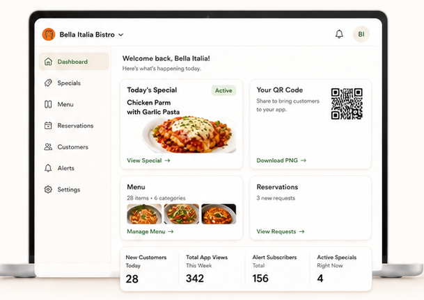 A straight-on laptop preview of the TownPlate restaurant dashboard